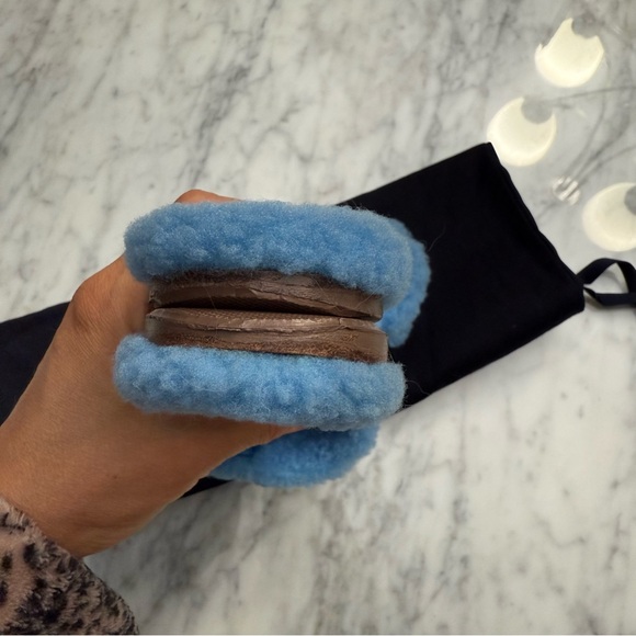 Dior Chez Moi Slide Bright Blue Embroidered Cotton and Shearling sandals - Picture 9 of 10